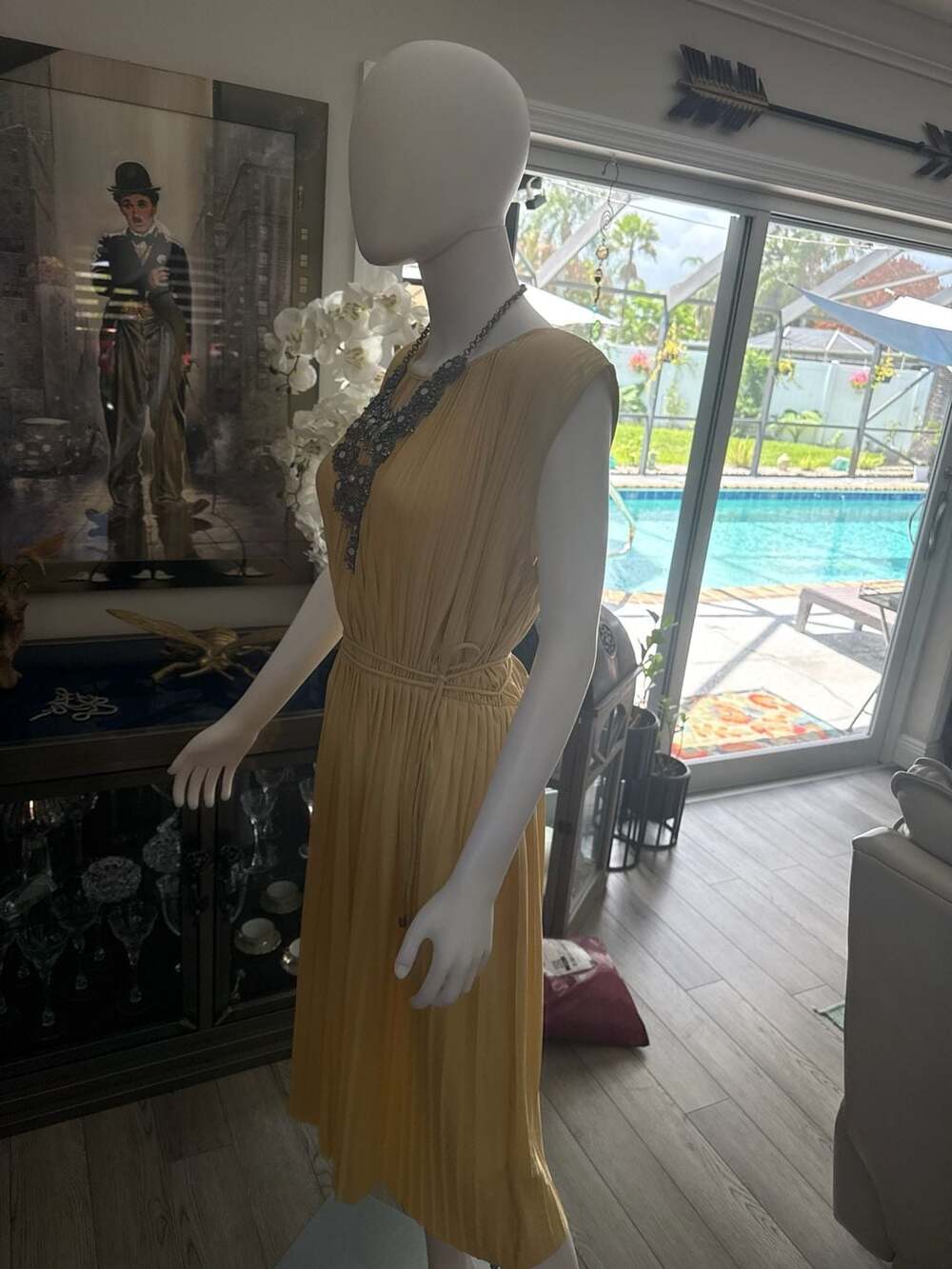 H&M Sleeveless Accordion Pleated Blouson Midi Dress in Mustard Yellow
